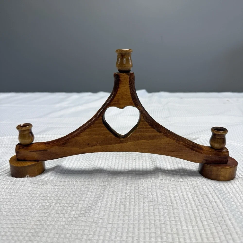 Vtg 80s Wooden Heart Candelabra Candle Folk Art Country Farmhouse Handmade
